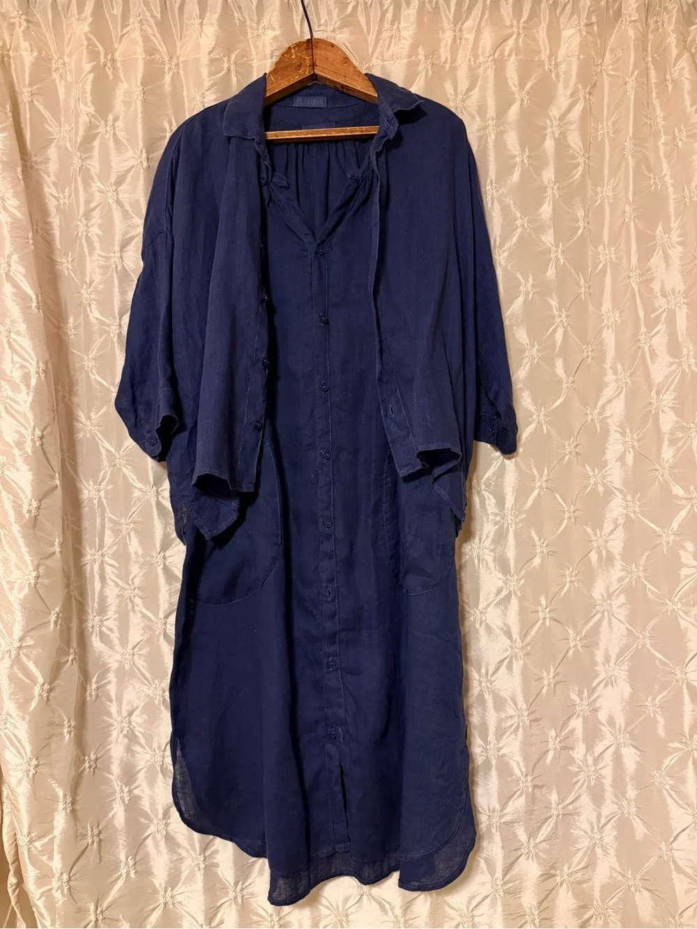 CP SHADES Navy Blue Linen Button Front 2-Piece Midi Shirtdress Dress Top Set